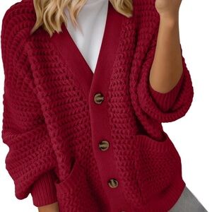 Women's Red Button-Up Chunky Cardigan Sweater